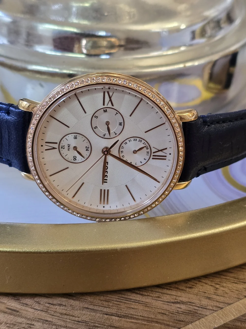 Fossil Gold-Tone Case Watch with White Dial and Black Leather Strap